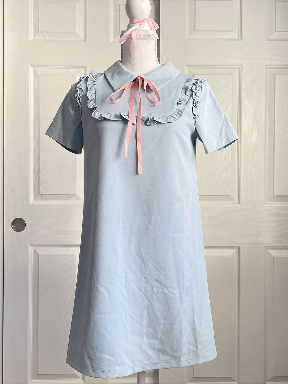 Light Blue Ruffle Collar Dress with Pink Ribbon
